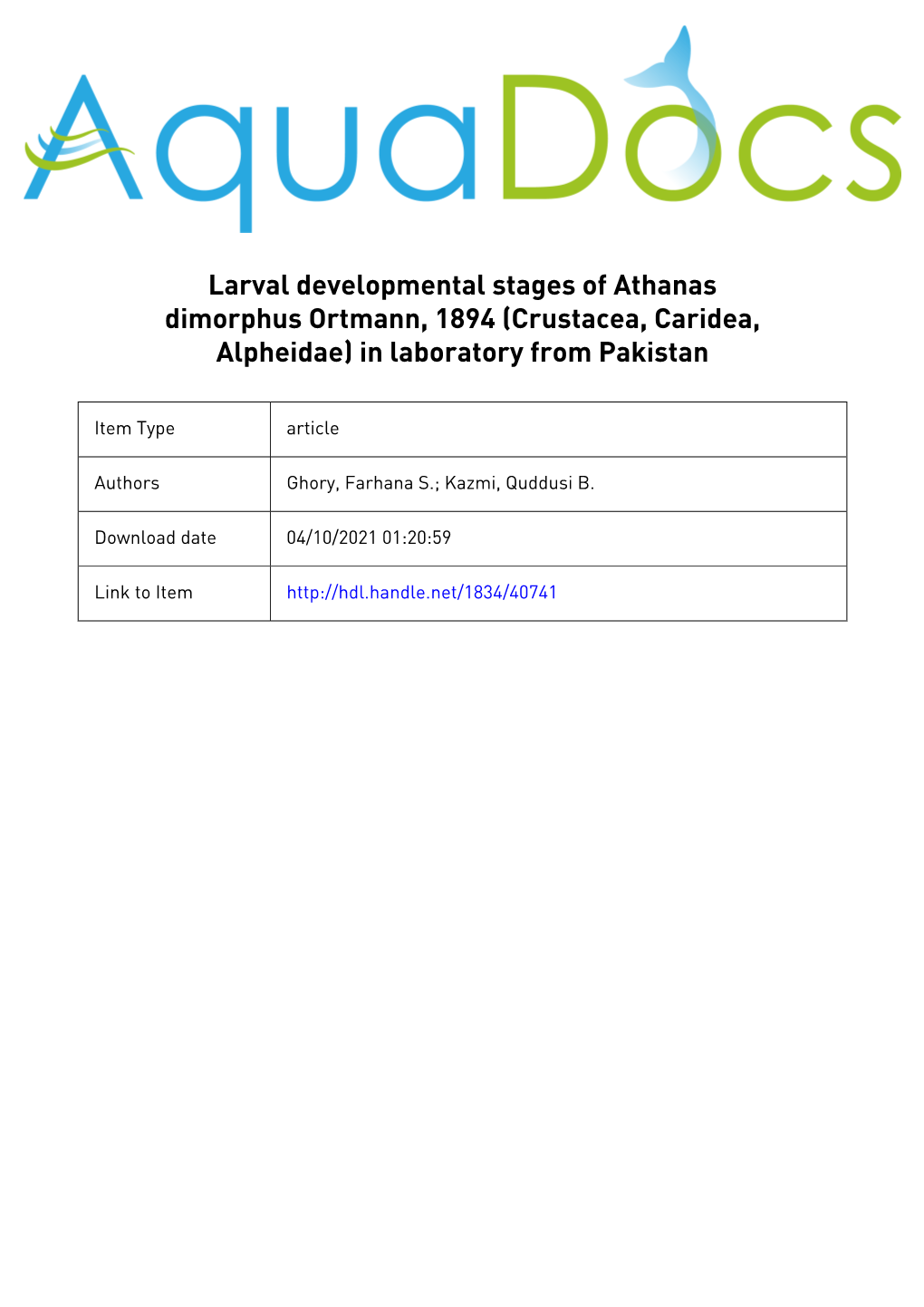 Larval Developmental Stages of Athanas Dimorphus Ortmann, 1894 (Crustacea, Caridea, Alpheidae) in Laboratory from Pakistan