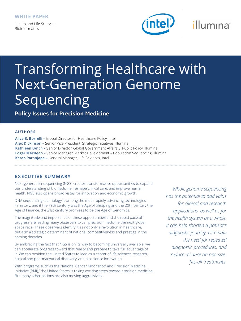 Transforming Healthcare with Next-Generation Genome Sequencing Policy Issues for Precision Medicine