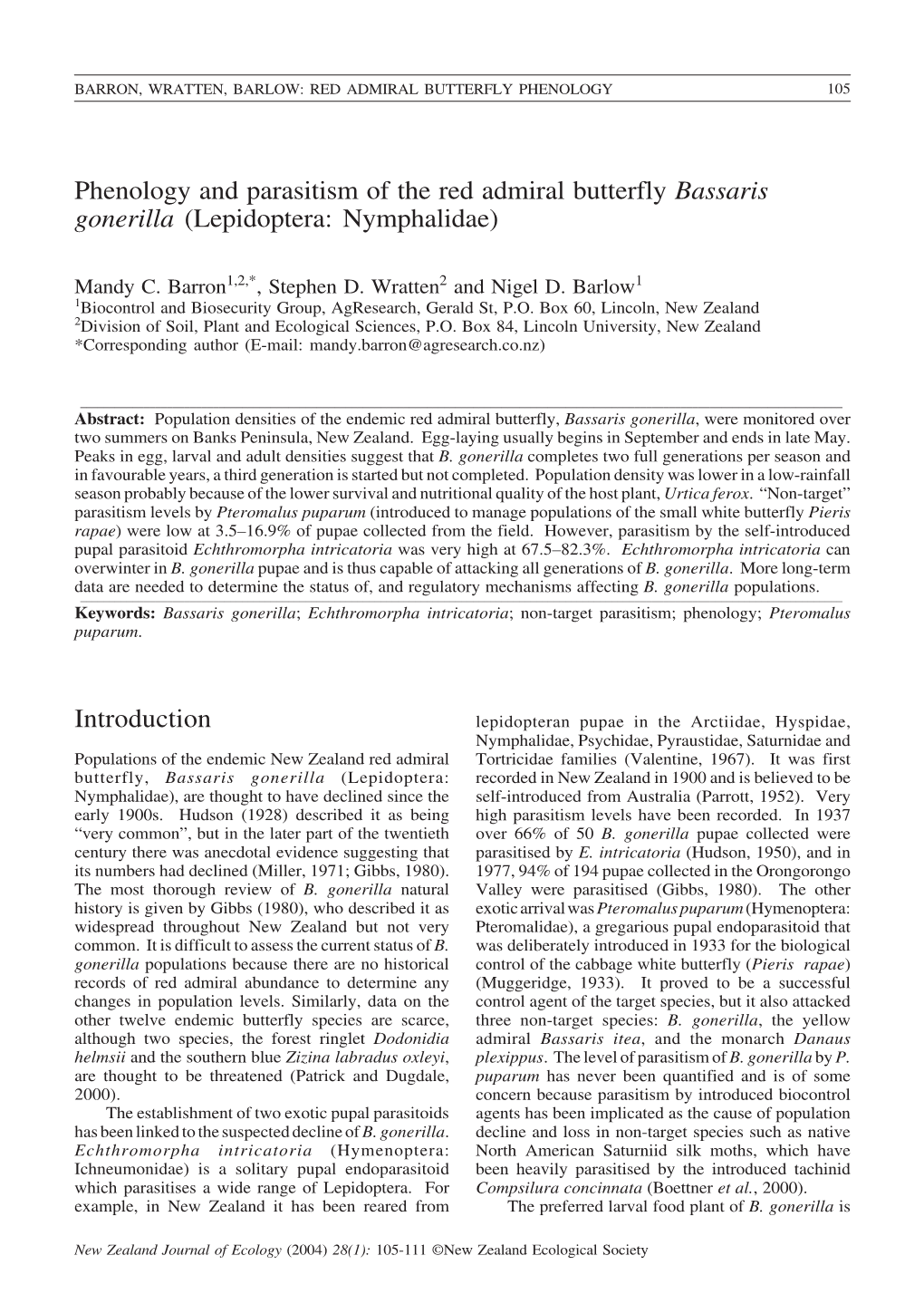 Phenology and Parasitism of the Red Admiral Butterfly Bassaris Gonerilla (Lepidoptera: Nymphalidae)