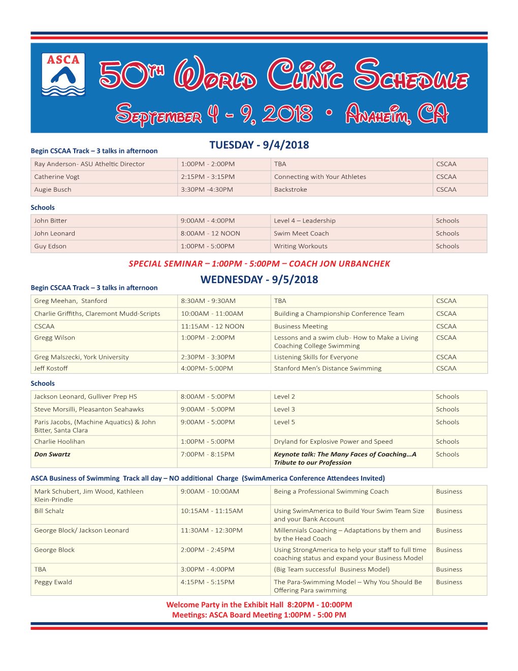 50Th World Clinic Schedule September 4 - 9, 2018 • Anaheim, CA