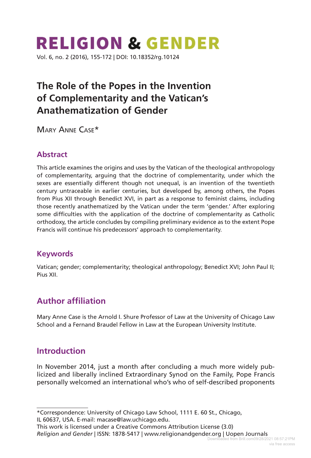 The Role of the Popes in the Invention of Complementarity and the Vatican’S Anathematization of Gender