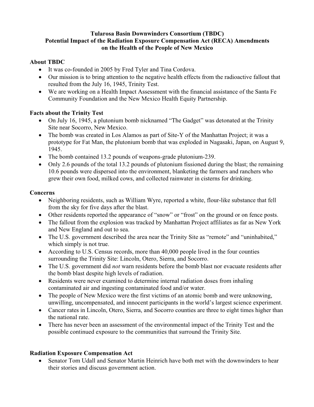 Tularosa Basin Downwinders Consortium (TBDC) Potential Impact of the Radiation Exposure Compensation Act (RECA) Amendments on the Health of the People of New Mexico