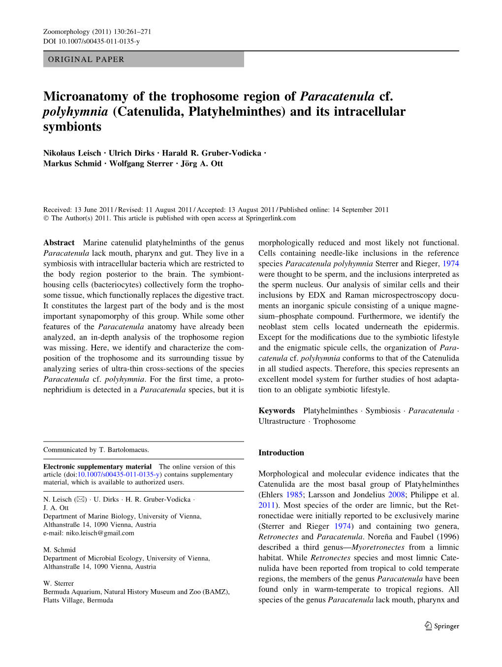 Catenulida, Platyhelminthes) and Its Intracellular Symbionts