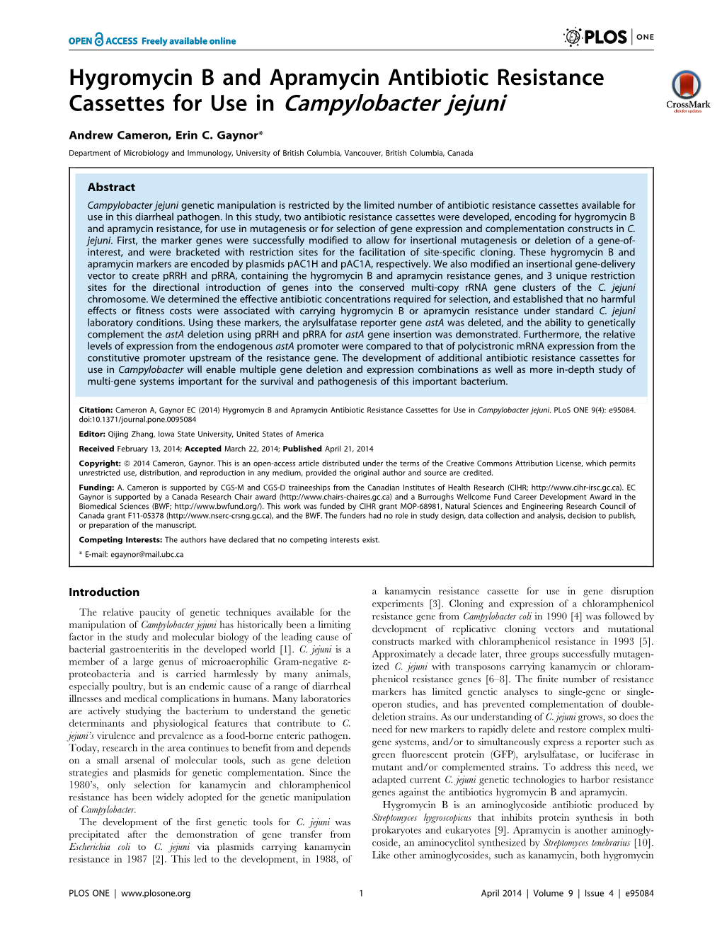 Hygromycin B and Apramycin Antibiotic Resistance Cassettes for Use in Campylobacter Jejuni