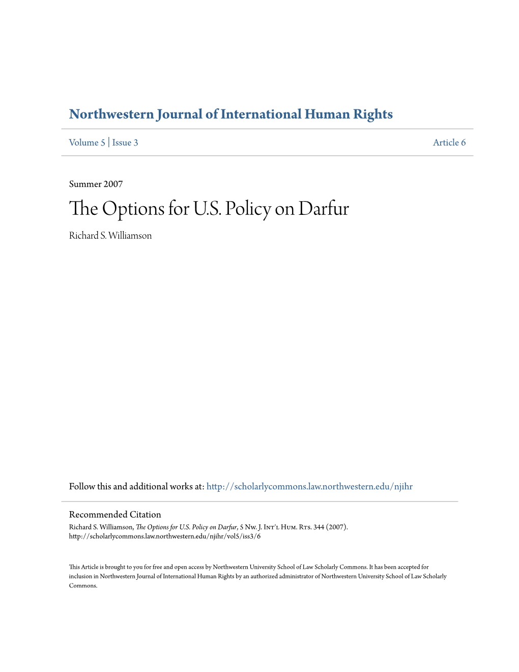 The Options for U.S. Policy on Darfur Richard S