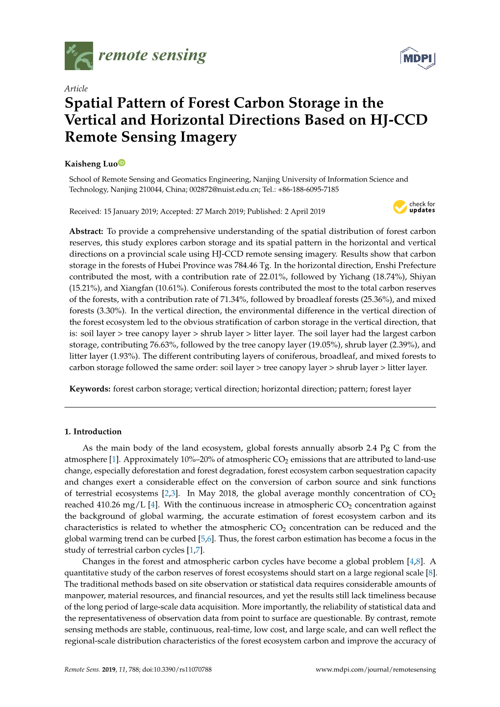 Spatial Pattern of Forest Carbon Storage in the Vertical and Horizontal Directions Based on HJ-CCD Remote Sensing Imagery