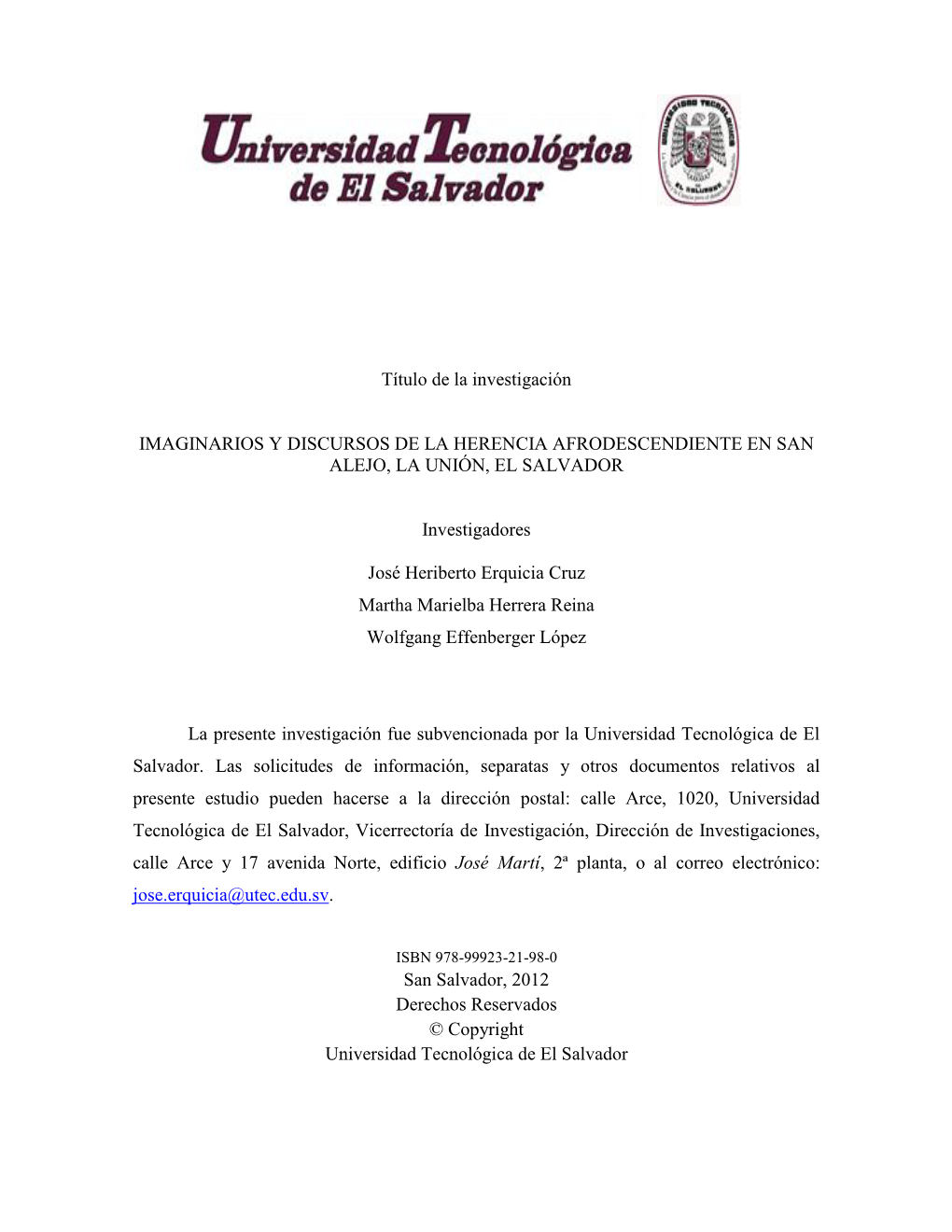 Imaginarios Y Discursos De La Herencia Afrodescendiente En San Alejo, La Unión, El Salvador