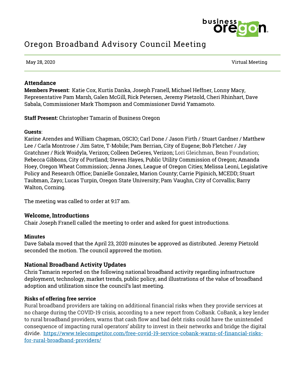 Oregon Broadband Advisory Council Meeting