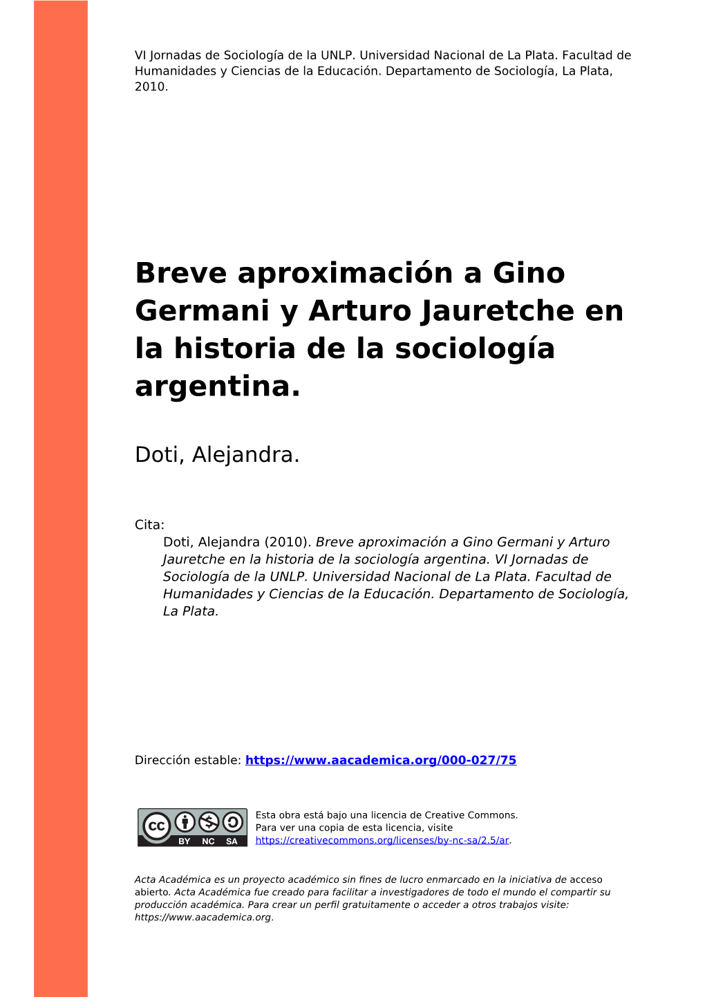 Breve Aproximación a Gino Germani Y Arturo Jauretche En La Historia De La Sociología Argentina