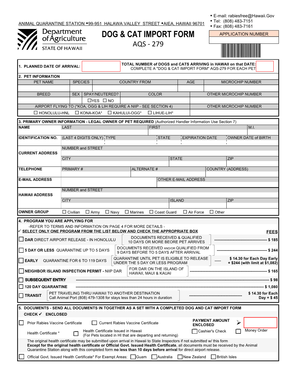 Dog & Cat Import Form (AQS-279)