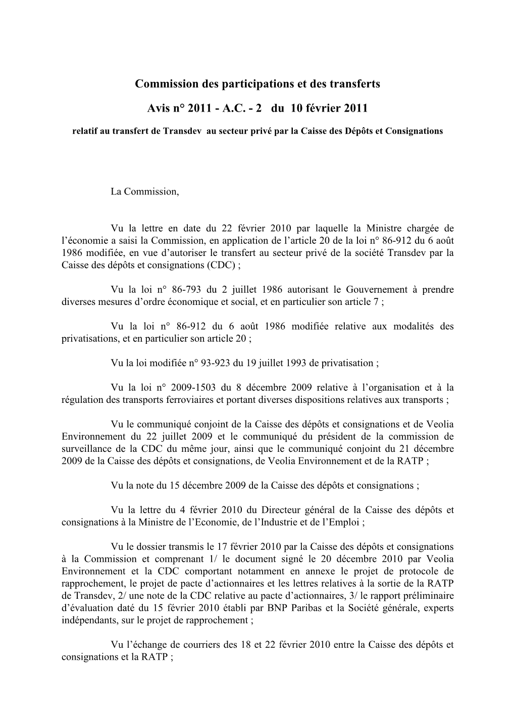 Avis Du 10 Février 2011 Relatif Au Transfert De Transdev Au Secteur