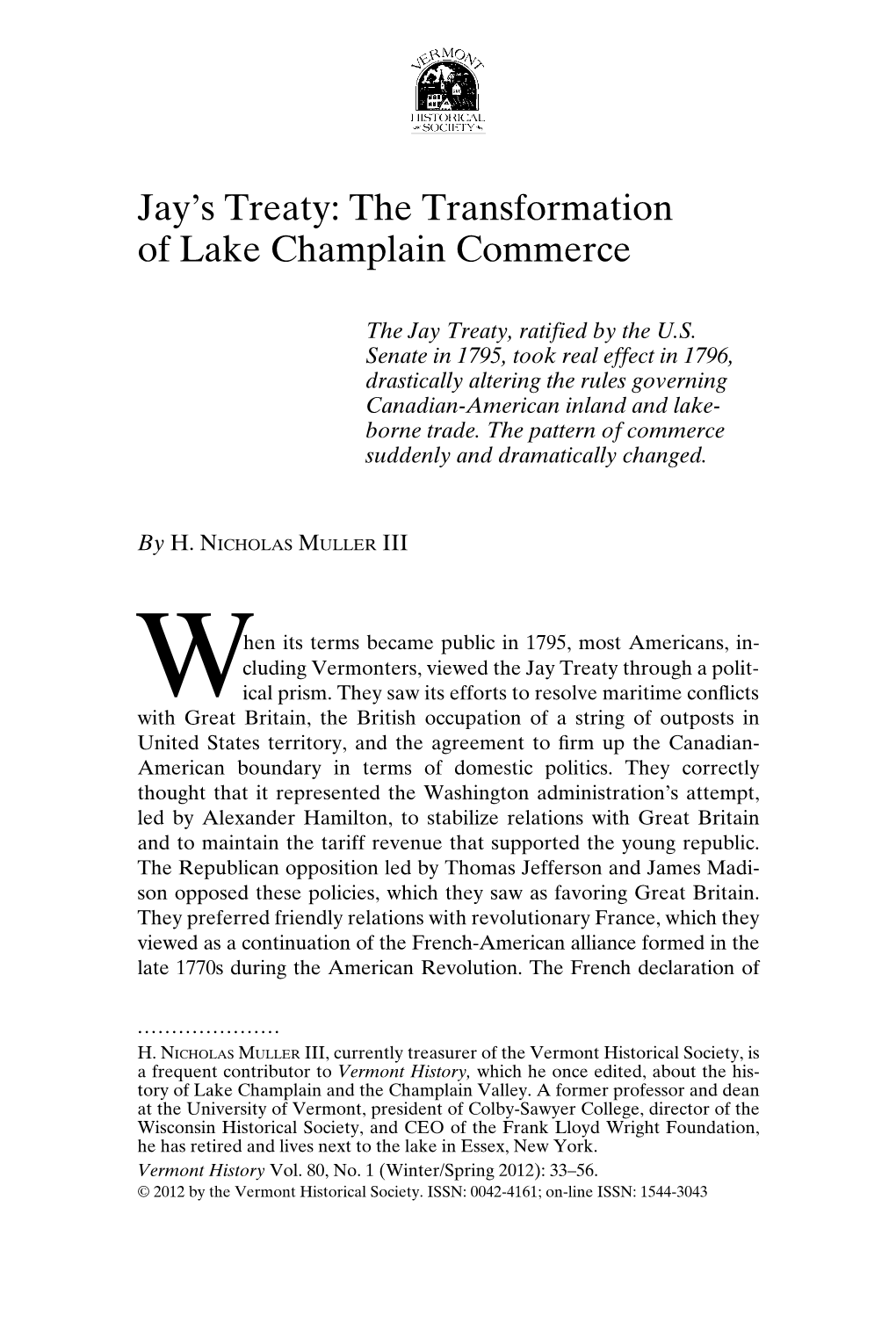 Jay's Treaty: the Transformation of Lake Champlain Commerce