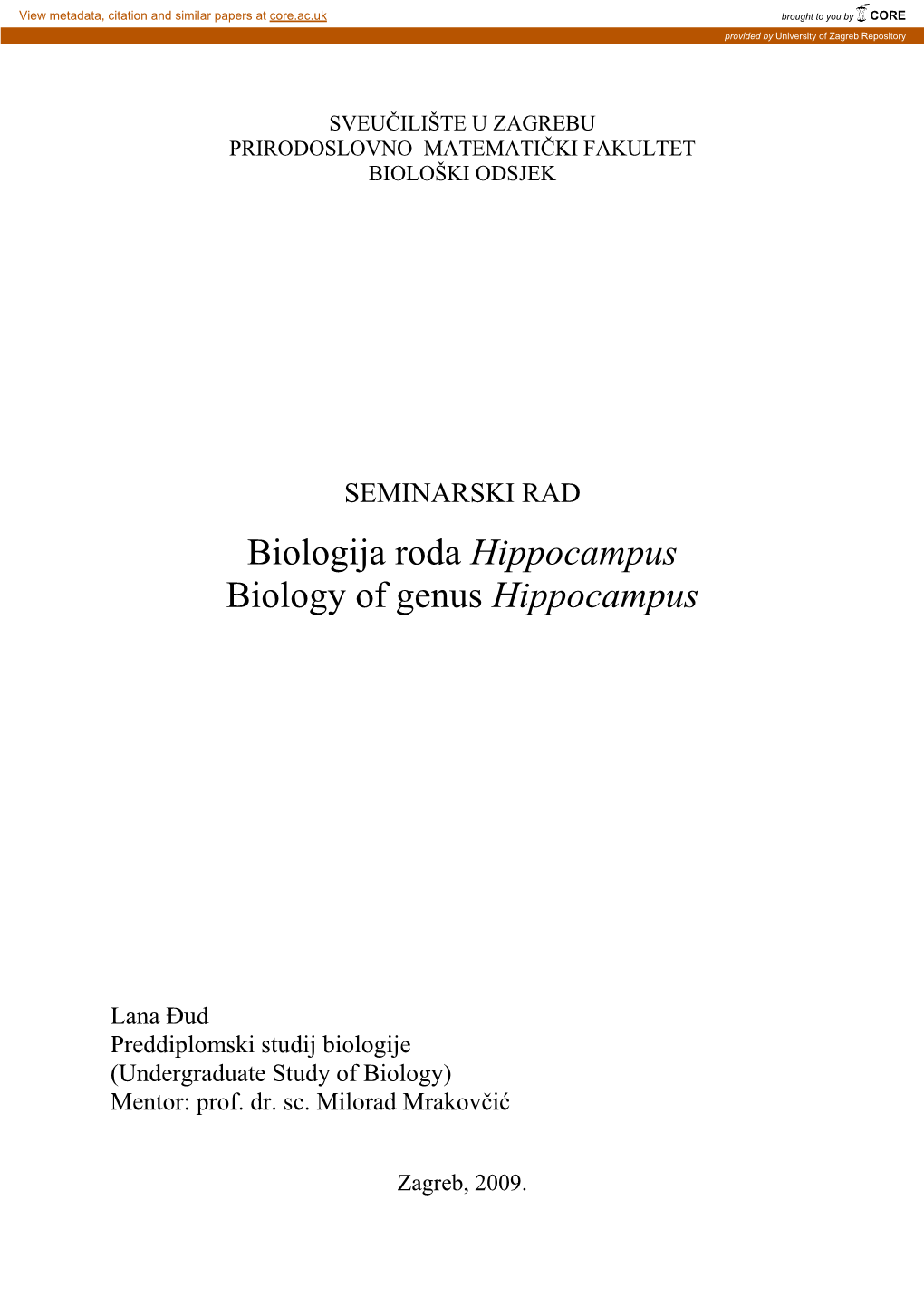 Biologija Roda Hippocampus Biology of Genus Hippocampus