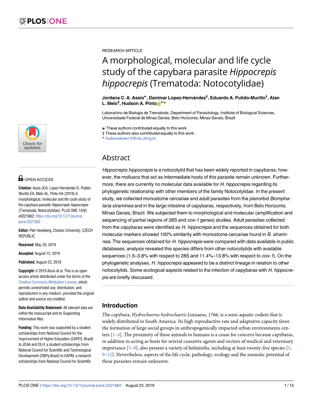 A Morphological, Molecular and Life Cycle Study of the Capybara Parasite Hippocrepis Hippocrepis (Trematoda: Notocotylidae)