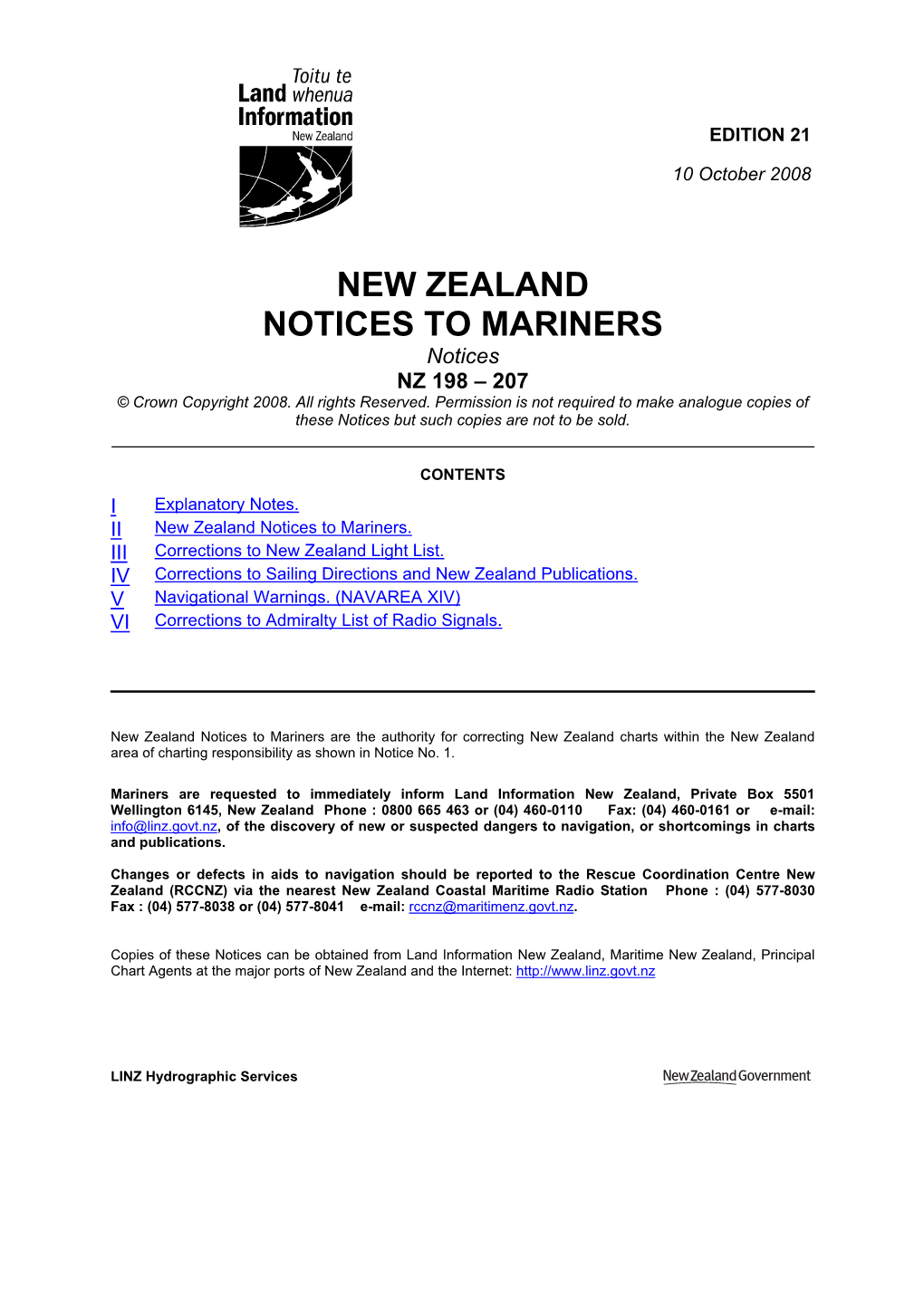 NEW ZEALAND NOTICES to MARINERS Notices NZ 198 – 207 © Crown Copyright 2008