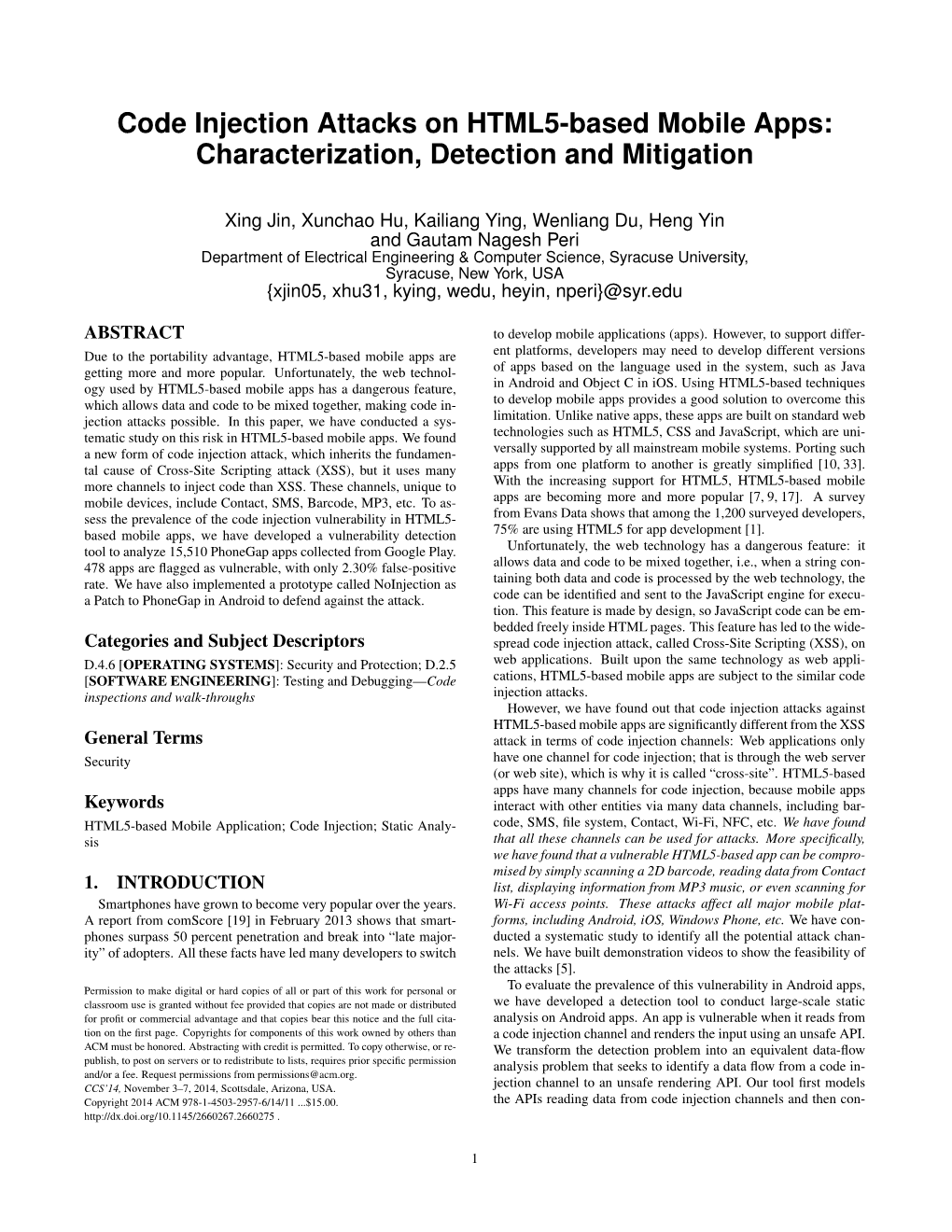 Code Injection Attacks on HTML5-Based Mobile Apps: Characterization, Detection and Mitigation
