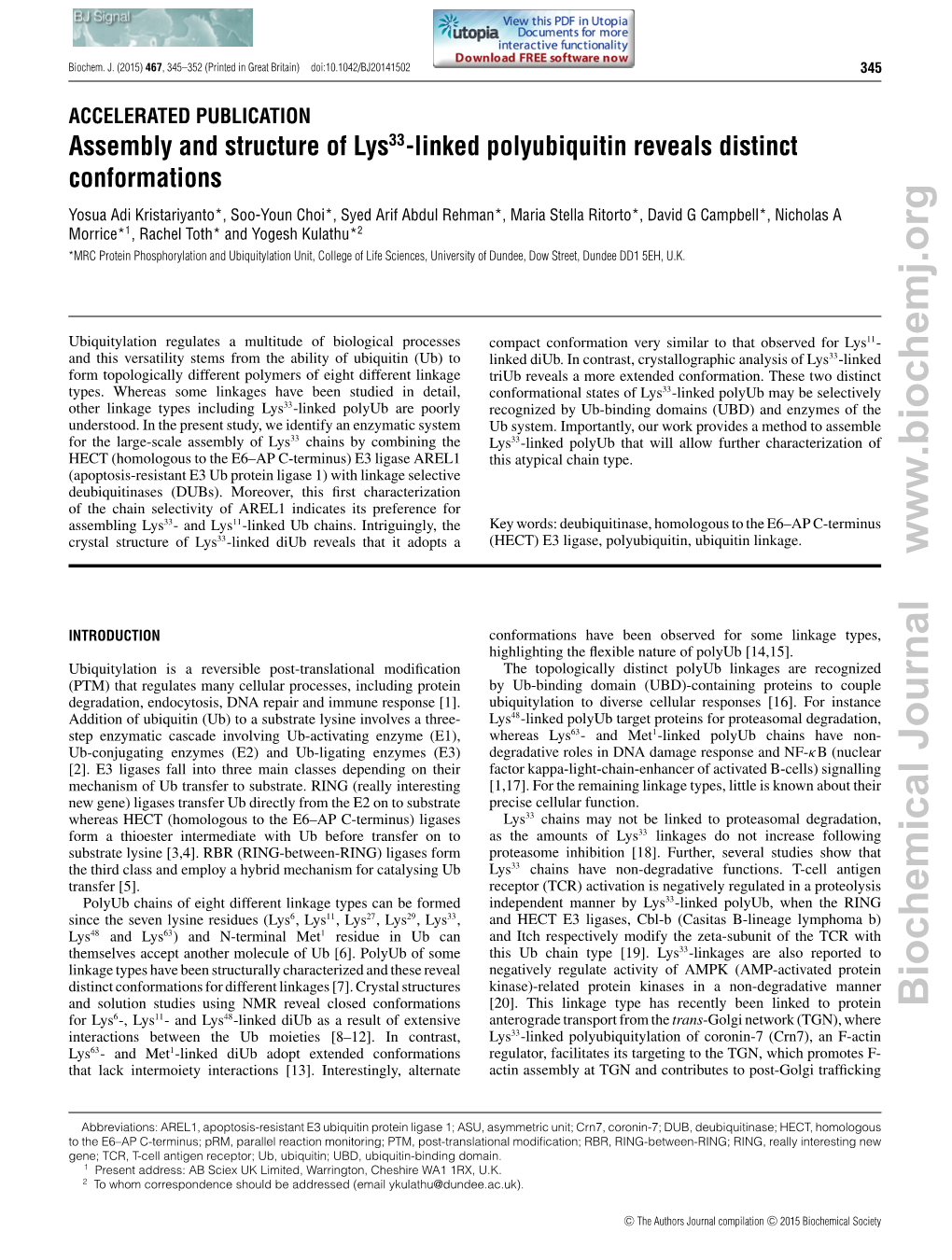 Assembly and Structure of Lys33-Linked Polyubiquitin Reveals Distinct Conformations