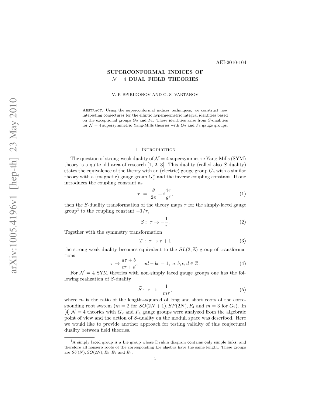 Arxiv:1005.4196V1 [Hep-Th] 23 May 2010