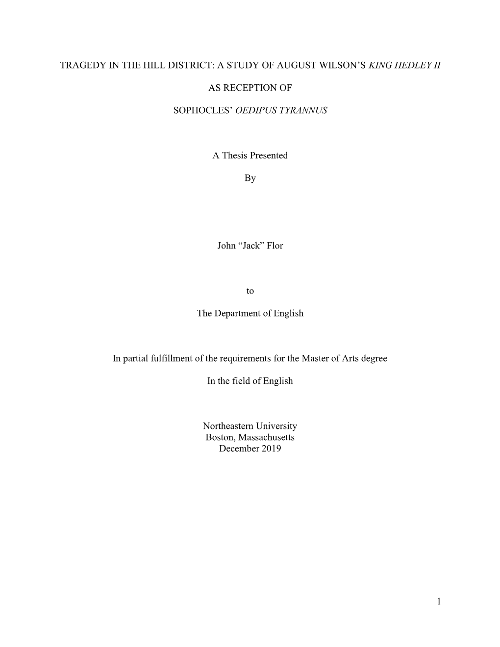 Tragedy in the Hill District: a Study of August Wilson's King Hedley Ii