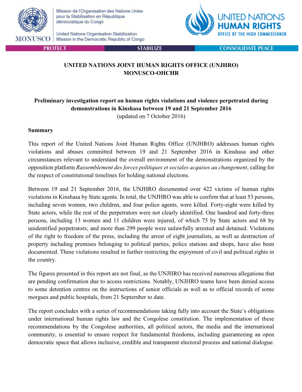 UNITED NATIONS JOINT HUMAN RIGHTS OFFICE (UNJHRO) MONUSCO-OHCHR Preliminary Investigation Report on Human Rights Violations