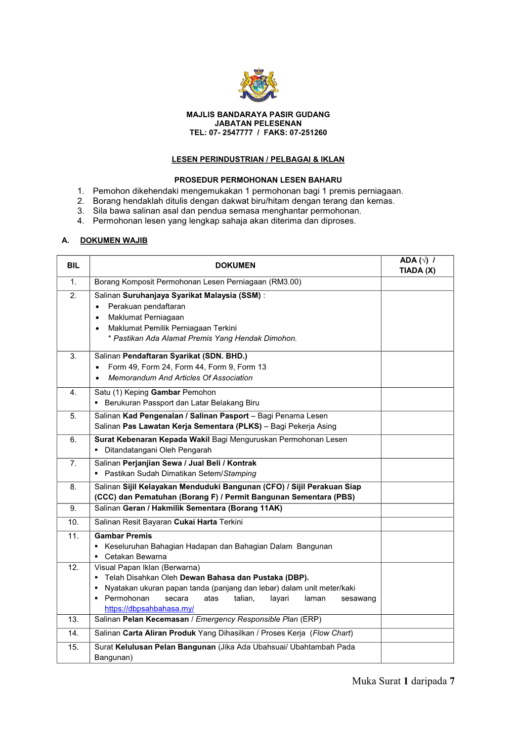 Senarai Semak Permohonan Lesen Perniagaan MBPG