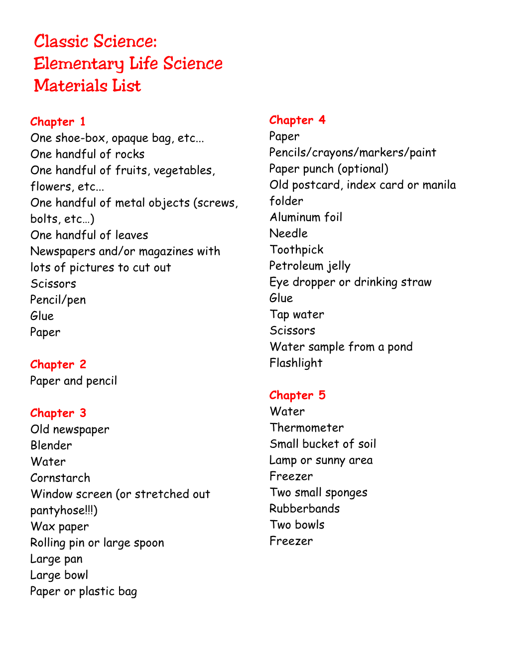 Classic Science: Elementary Life Science Materials List