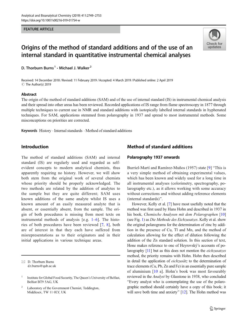 Origins of the Method of Standard Additions and of the Use of an Internal Standard in Quantitative Instrumental Chemical Analyses