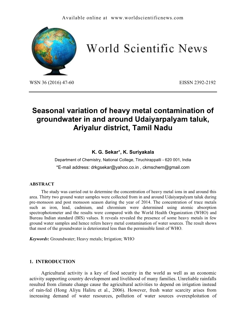 Seasonal Variation of Heavy Metal Contamination of Groundwater in and Around Udaiyarpalyam Taluk, Ariyalur District, Tamil Nadu