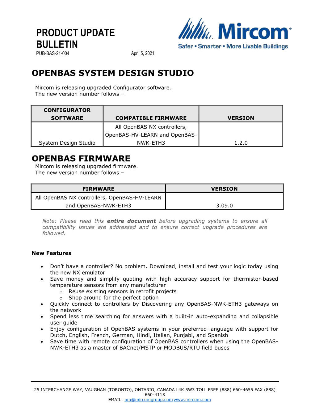 PRODUCT UPDATE BULLETIN PUB-BAS-21-004 April 5, 2021