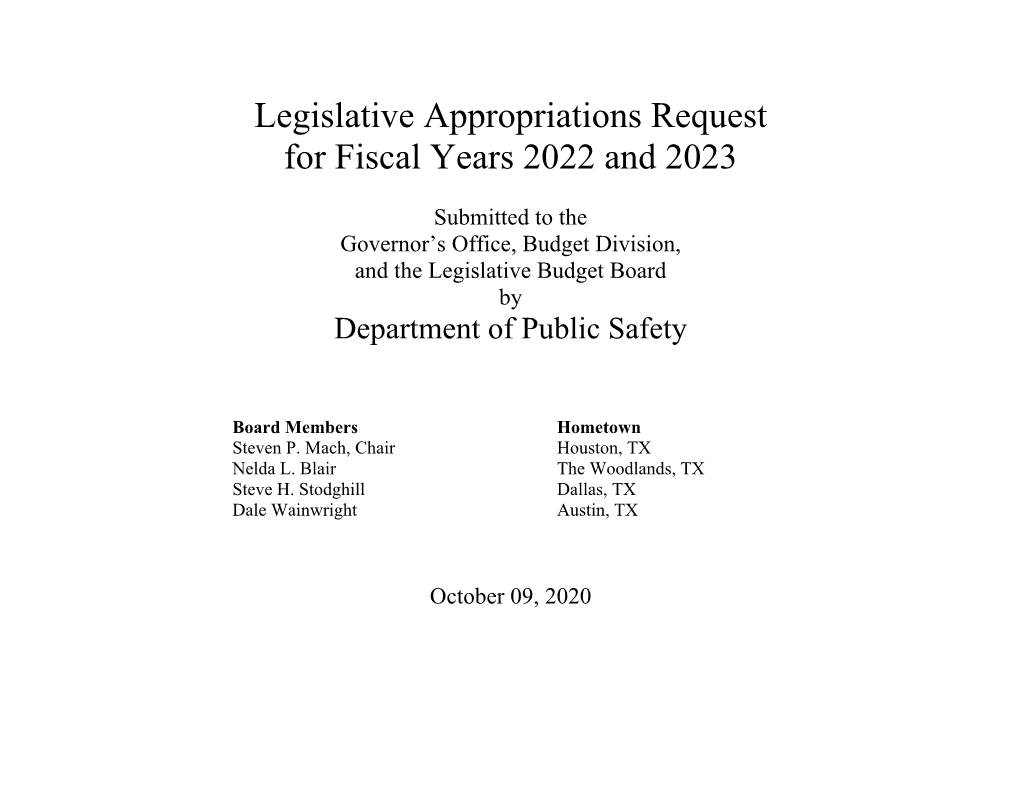 Legislative Appropriations Request for Fiscal Years 2022 and 2023