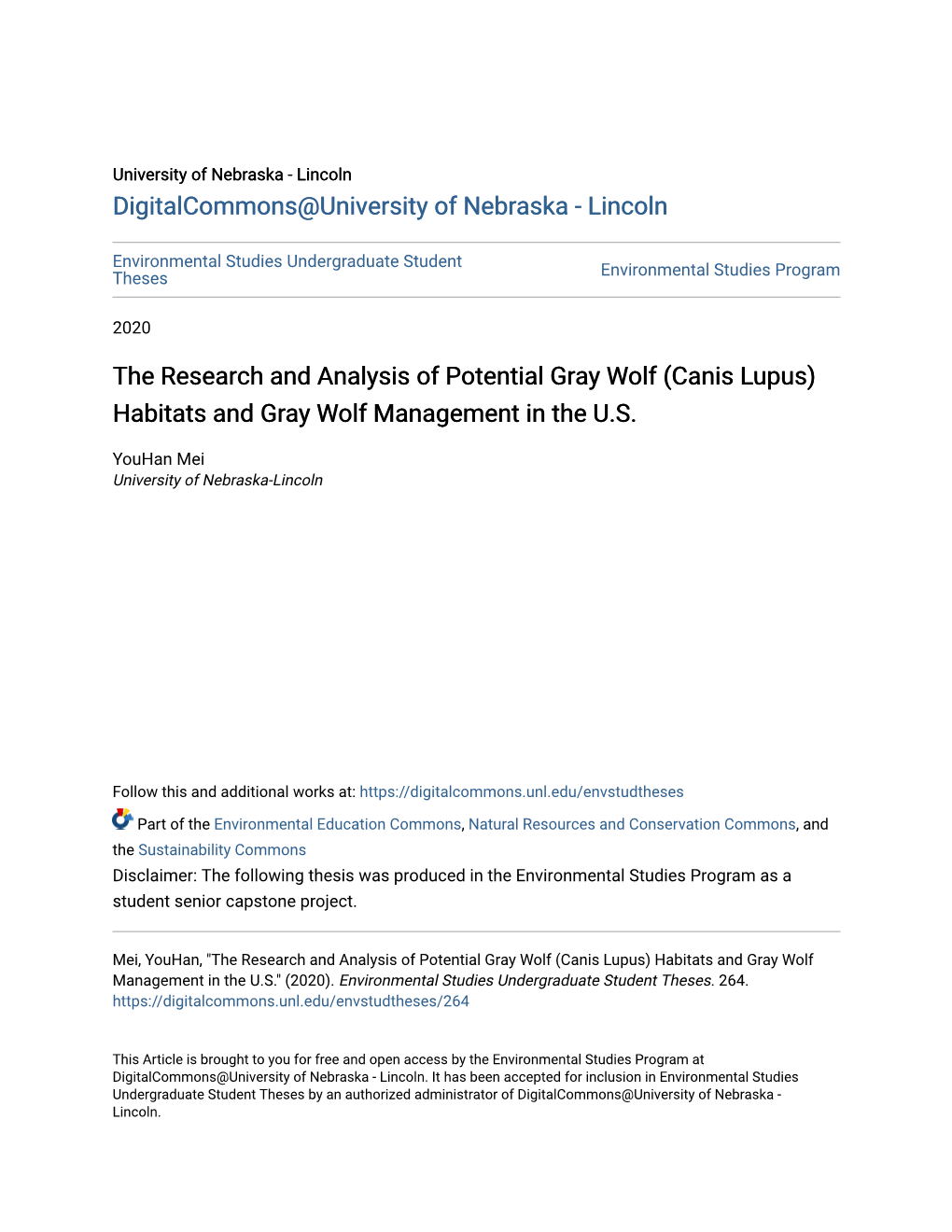 (Canis Lupus) Habitats and Gray Wolf Management in the U.S