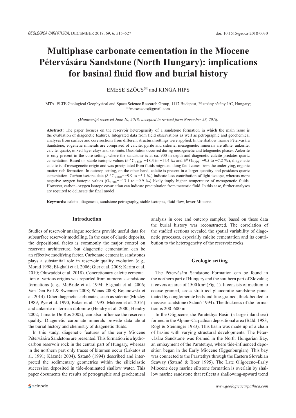 Multiphase Carbonate Cementation in the Miocene Pétervására Sandstone (North Hungary): Implications for Basinal Fluid Flow and Burial History