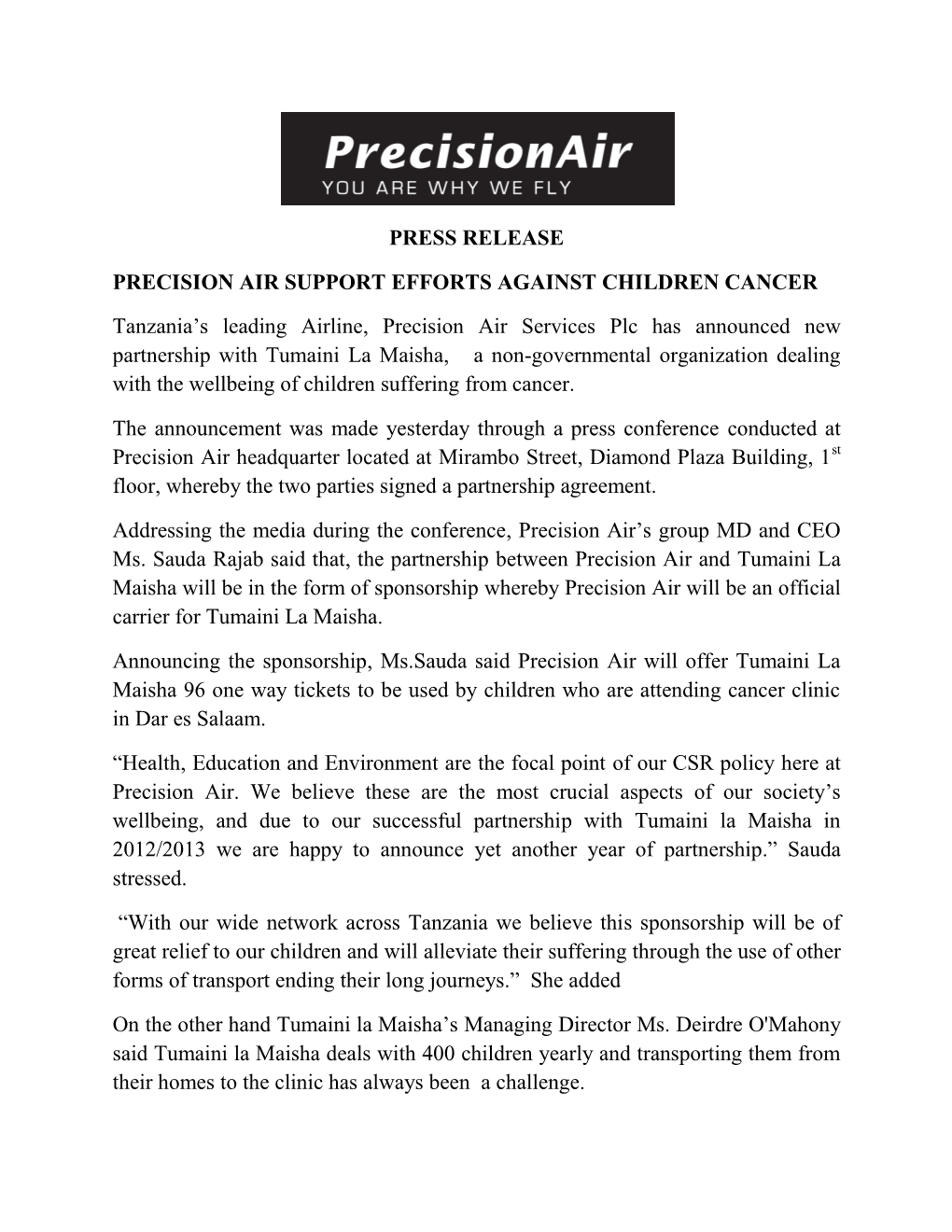 Precision Air Partners with Tumaini La Maisha