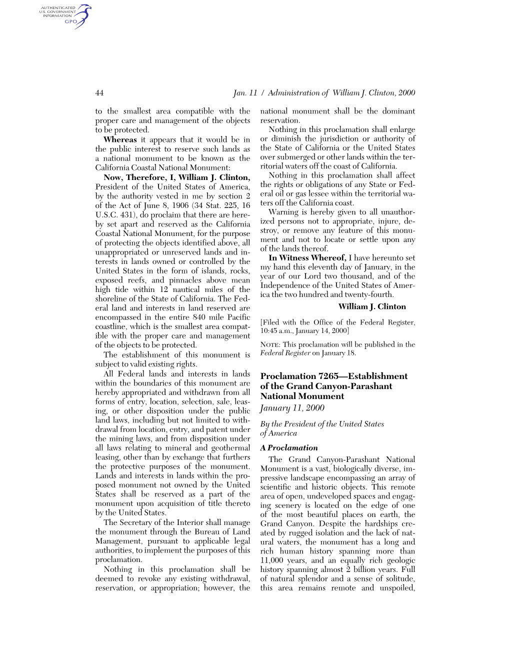 Proclamation 7265—Establishment of the Grand Canyon-Parashant