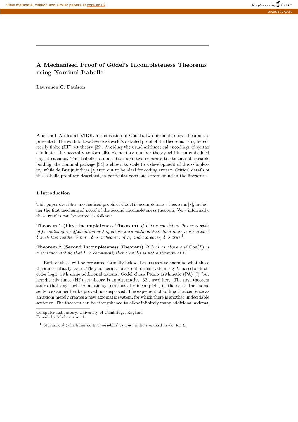 A Mechanised Proof of Gödel's Incompleteness Theorems Using
