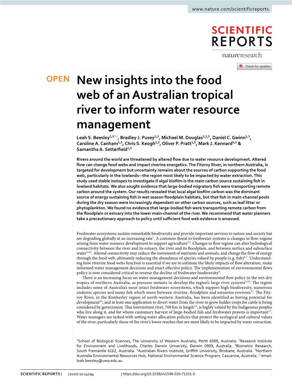 New Insights Into the Food Web of an Australian Tropical River to Inform Water Resource Management Leah S
