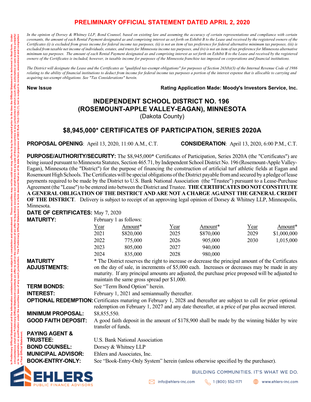 Independent School District No. 196 (Rosemount-Apple Valley- PROPOSAL OPENING Issue New Herein