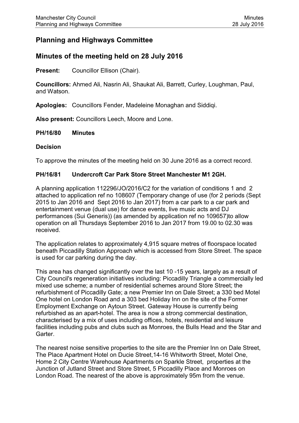 Minutes of the Planning and Highways Committee on 28 July 2016