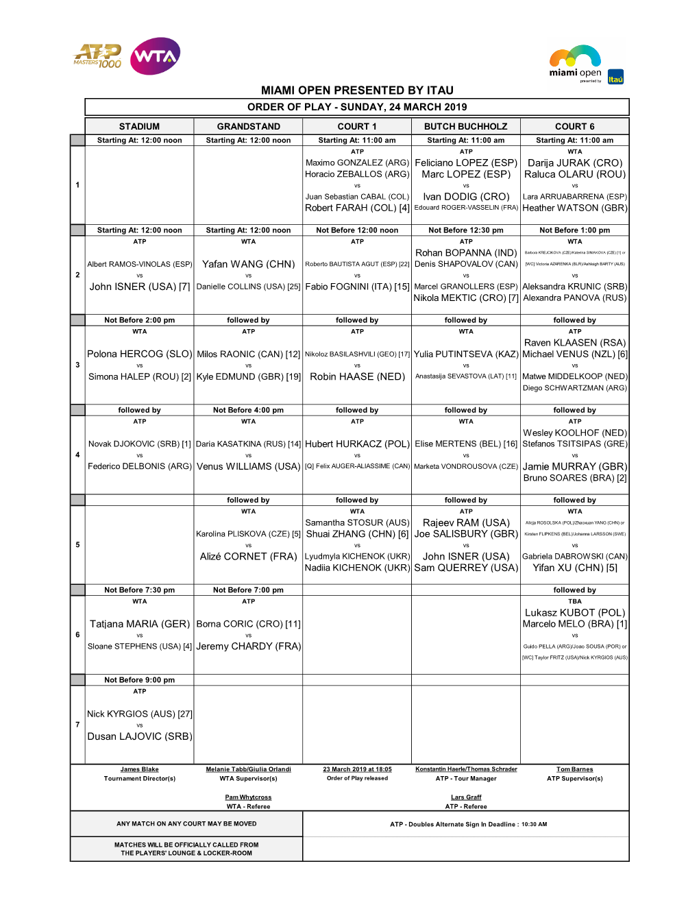 Miami Open Presented by Itau Order of Play - Sunday, 24 March 2019