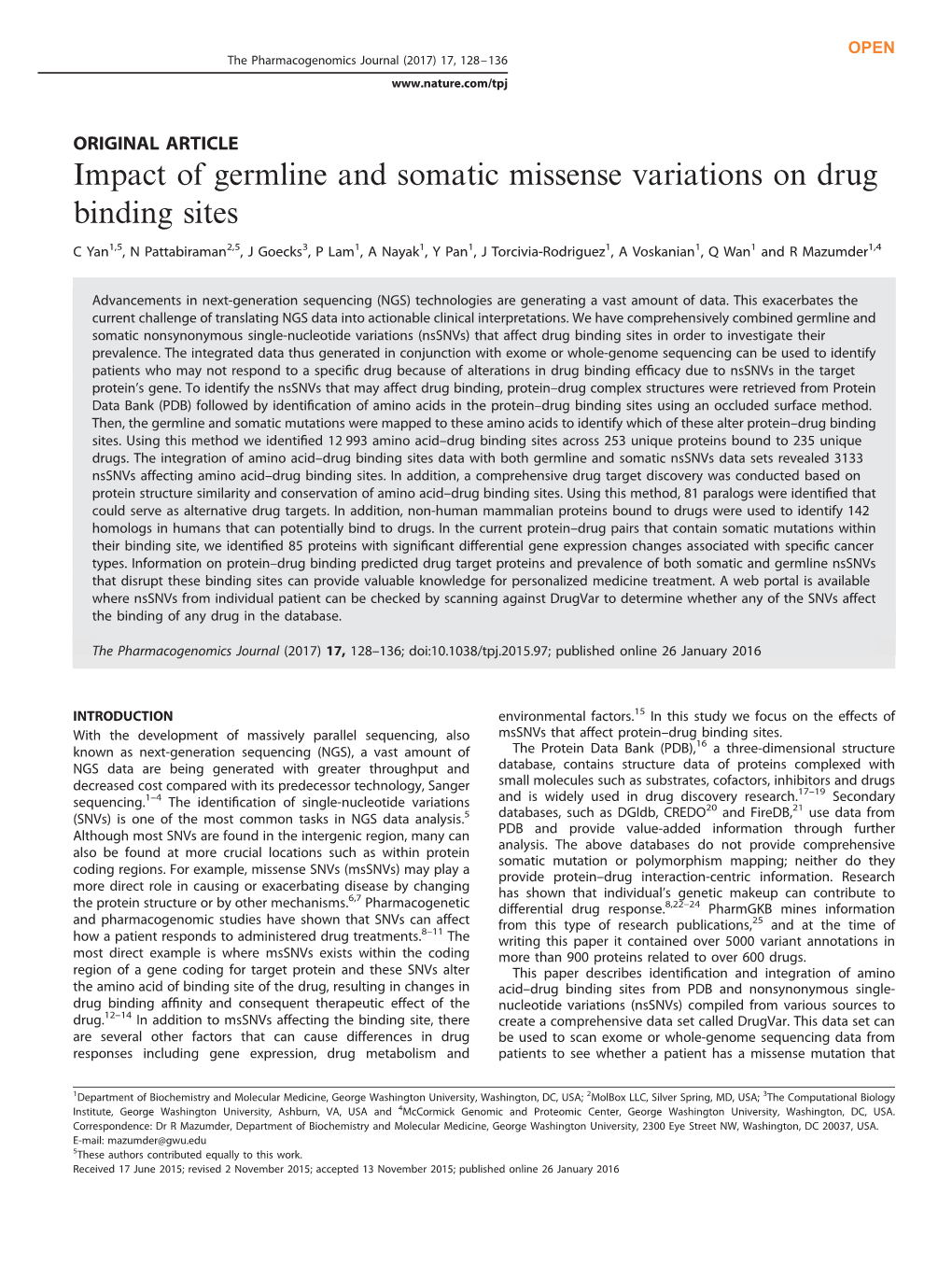 Impact of Germline and Somatic Missense Variations on Drug Binding Sites