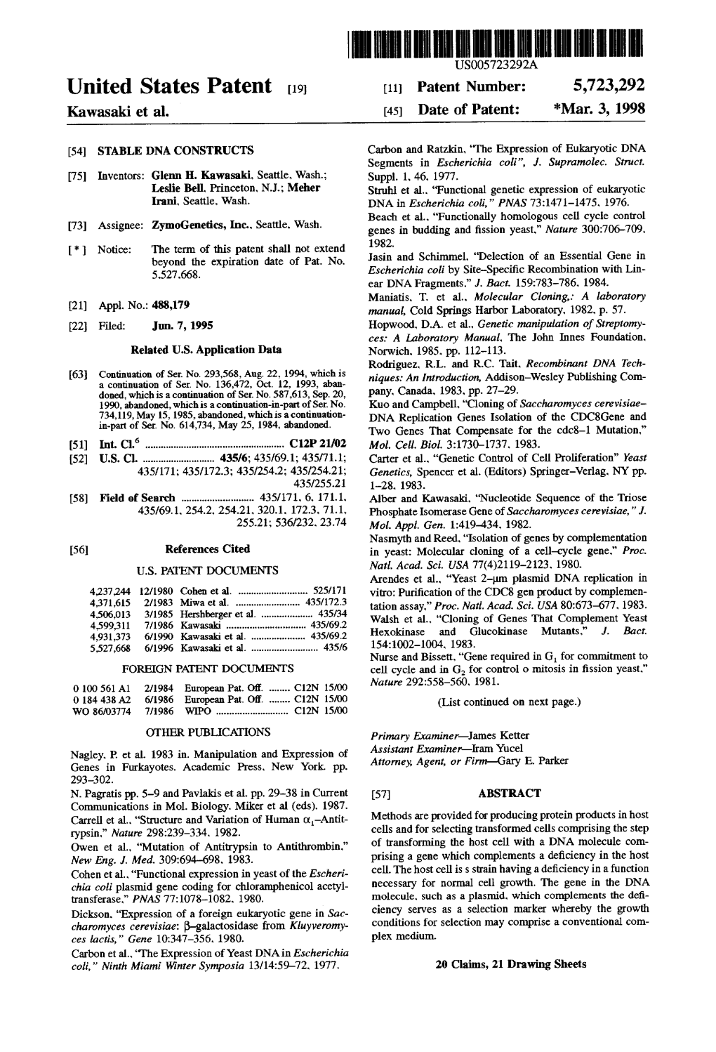 United States Patent (19) 11 Patent Number: 5,723,292 Kawasaki Et Al