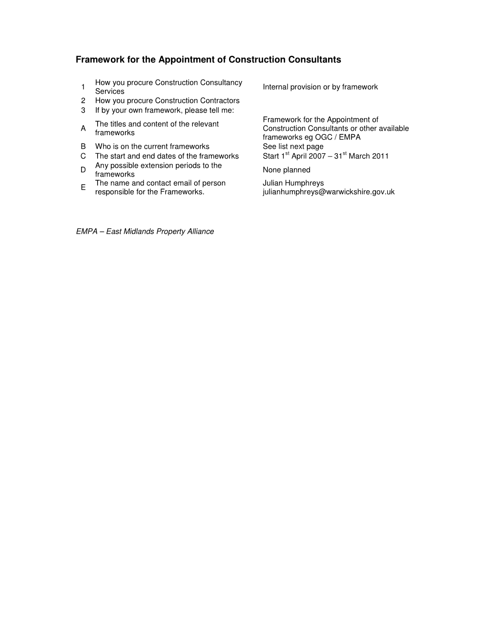 Framework for the Appointment of Construction Consultants