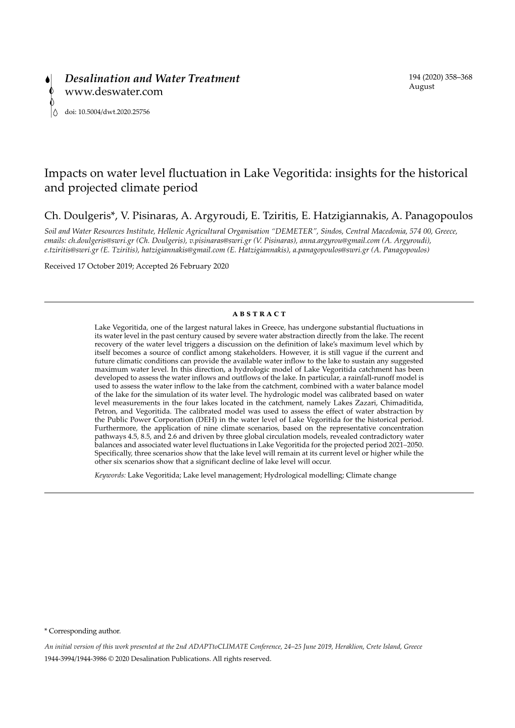 Impacts on Water Level Fluctuation in Lake Vegoritida: Insights for the Historical and Projected Climate Period