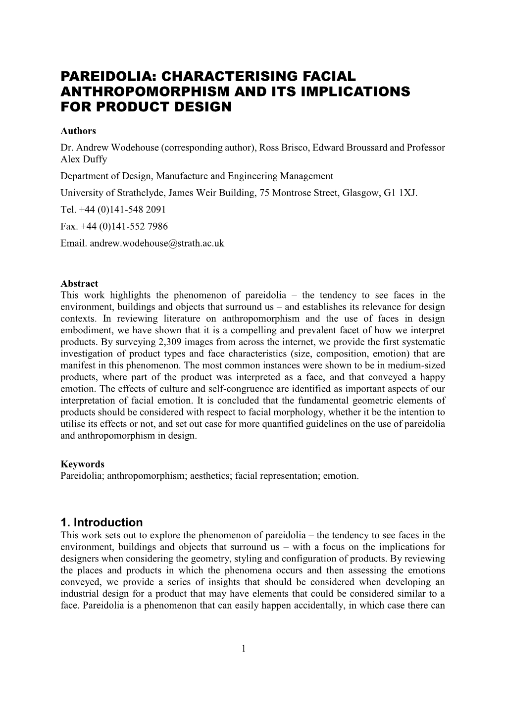 Pareidolia: Characterising Facial Anthropomorphism and Its Implications for Product Design