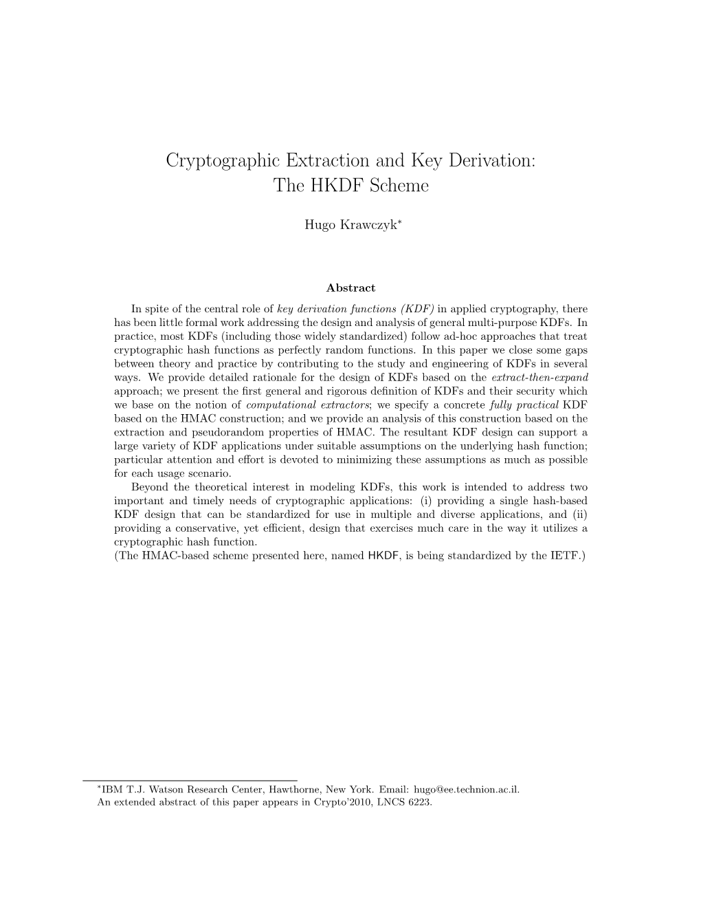 Cryptographic Extraction and Key Derivation: the HKDF Scheme