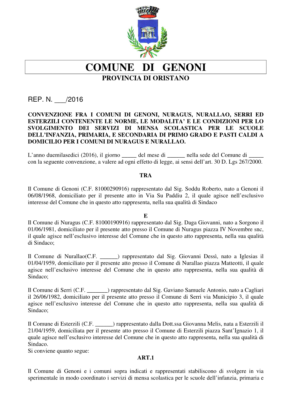 Comune Di Genoni Provincia Di Oristano