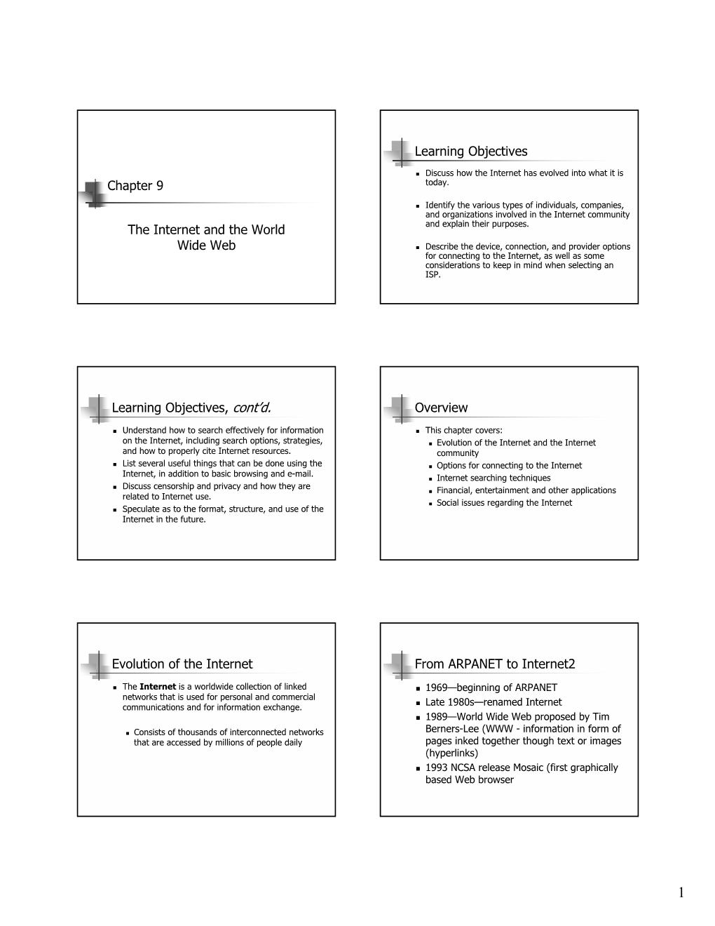 Chapter 9 the Internet and the World Wide Web Learning Objectives Learning Objectives, Cont'd. Overview Evolution of the Inter