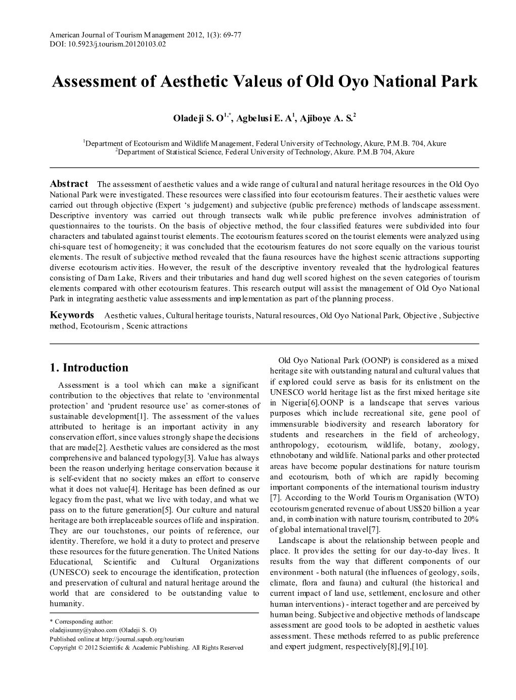 Assessment of Aesthetic Valeus of Old Oyo National Park