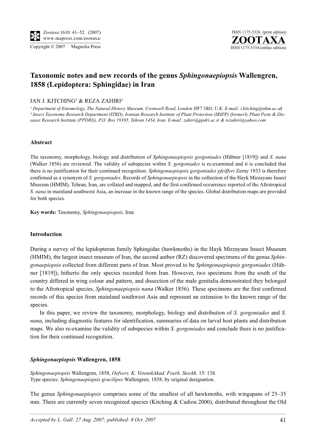 Zootaxa,Taxonomic Notes and New Records of the Genus