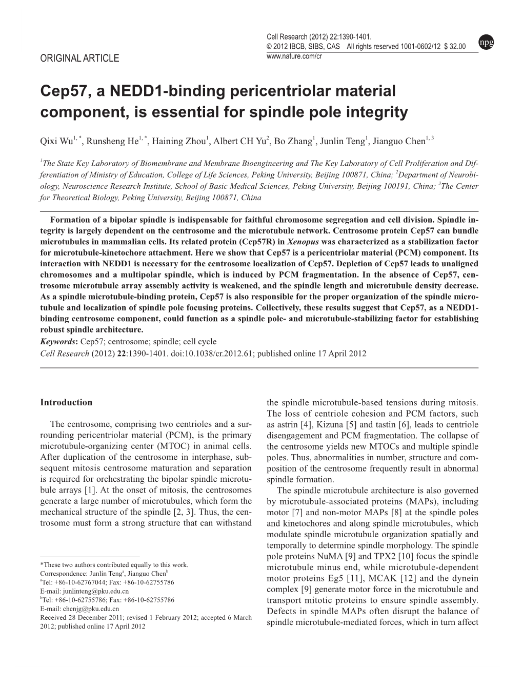 Cep57, a NEDD1-Binding Pericentriolar Material Component, Is Essential for Spindle Pole Integrity